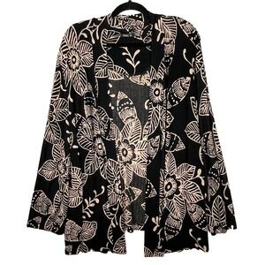 Vikki Vi Cardigan 2X Black Floral Open Front Slinky Knit Shoulder Pads USA VTG